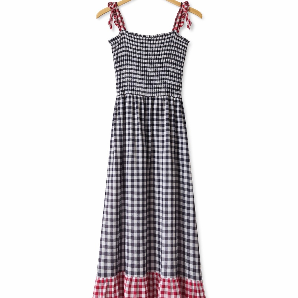 Liu Jo Milano Black & White Gingham Maxi Dress with Red Tie Straps and Hem
